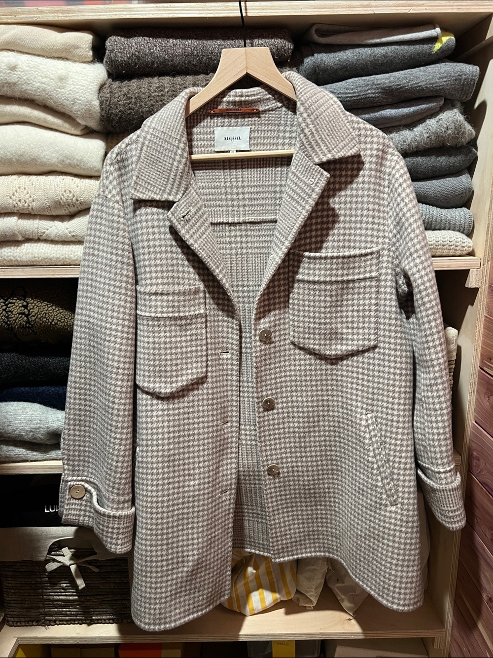 Nanushka Cruza wool silk Beige Houndstooth Pea Coat size xs